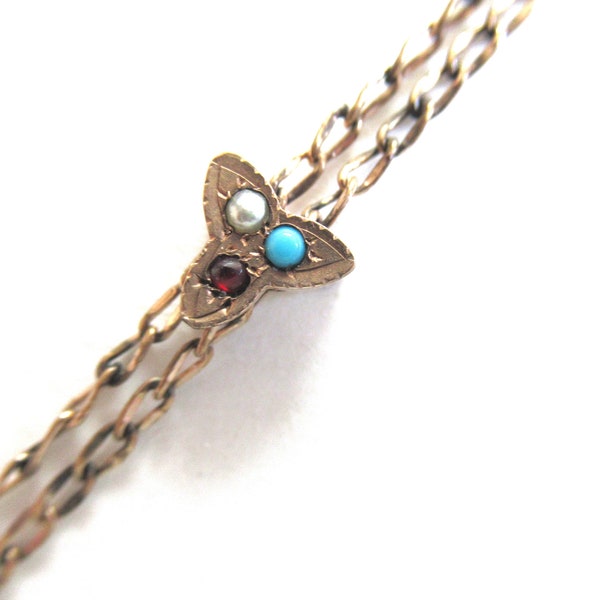 Antique Victorian Watch Chain Lorgnette Pearl Turquoise Garnet TreFoil Slide HF Barrows