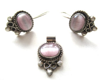 Vintage Sterling Silver Mother of Pearl Cats Eye Earrings and Slide Set