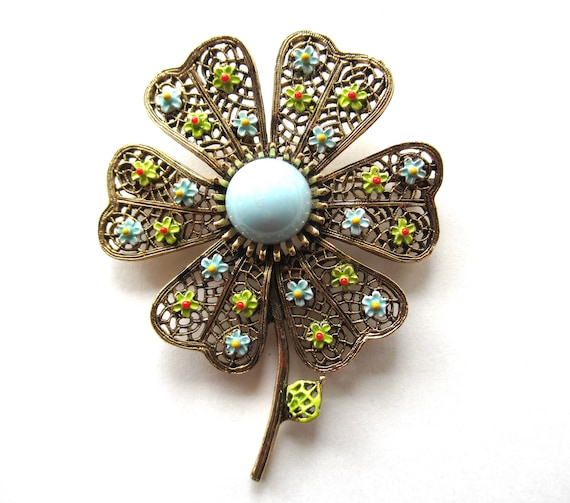 Broche Vintage Métal Doré Filigrané - Années 1960/1970, Oxydes Chartreuse