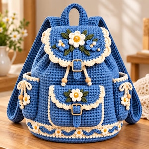 Pode incluir: Uma mochila de crochê azul com acabamento festonado em tom creme e aplicações florais. A bolsa inclui uma aba superior e um bolso frontal, ambos fixados com fivelas douradas, e dois bolsos laterais adornados com pequenas flores pendentes.