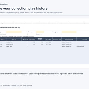 May include: A digital board-game collection play log spreadsheet featuring columns for Game ID, Game title, Play records, Total minutes, Average minutes, Last played, Game entry issue, Collection notes, and Filter note with sample data.