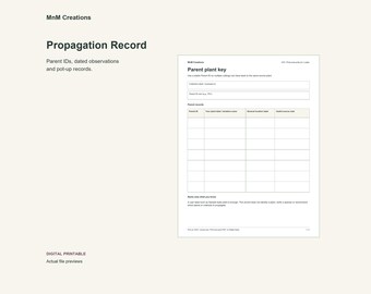 May include: A digital printable propagation record sheet by MnM Creations. The document features a parent plant key, a table for parent IDs, plant labels, and dates, with text headers including Propagation Record and Parent plant key.