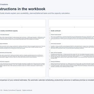 K&ouml;nnte beinhalten: Eine digitale Arbeitsblattseite mit dem Titel MnM Creations Instructions in the workbook. Sie enth&auml;lt zwei Textspalten, die die w&ouml;chentliche Kapazit&auml;tsbindung, feste Verpflichtungen, Aufgabensch&auml;tzungen und Hinweise zur Dateneingabe erkl&auml;ren.