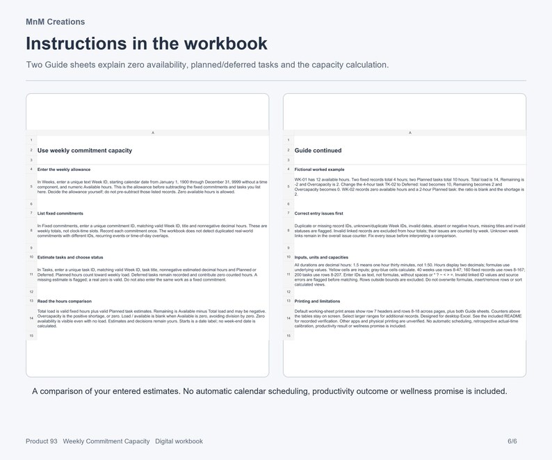 K&ouml;nnte beinhalten: Eine digitale Arbeitsblattseite mit dem Titel MnM Creations Instructions in the workbook. Sie enth&auml;lt zwei Textspalten, die die w&ouml;chentliche Kapazit&auml;tsbindung, feste Verpflichtungen, Aufgabensch&auml;tzungen und Hinweise zur Dateneingabe erkl&auml;ren.