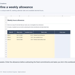 K&ouml;nnte beinhalten: Eine digitale Tabellenkalkulation mit dem Titel Define a weekly allowance von MnM Creations. Die Tabelle enth&auml;lt Spalten f&uuml;r Week ID, Week starts, Available hours, Week notes und Entry issue mit Beispieldaten f&uuml;r Oktober 2026.