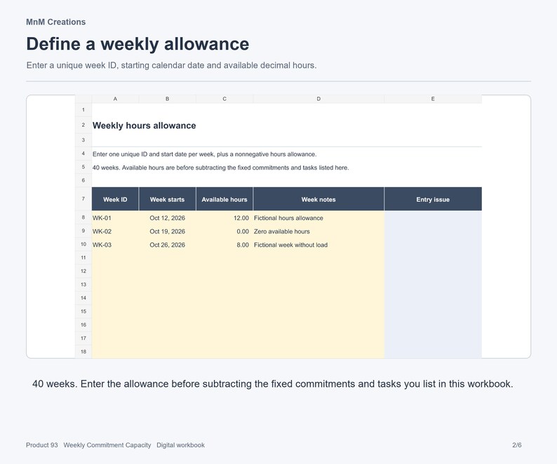 K&ouml;nnte beinhalten: Eine digitale Tabellenkalkulation mit dem Titel Define a weekly allowance von MnM Creations. Die Tabelle enth&auml;lt Spalten f&uuml;r Week ID, Week starts, Available hours, Week notes und Entry issue mit Beispieldaten f&uuml;r Oktober 2026.