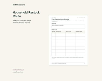 Könnte beinhalten: Ein digitales, druckbares Dokument mit dem Titel Household Restock Route von MnM Creations. Die Seite enthält einen Bereich zur Planung einer Raumkontrollroute mit einer Tabelle, die Spalten für Raumreihenfolge, Raumname, zu prüfende Artikel und Lagerbestände umfasst.