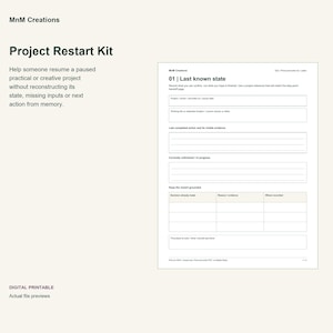 Può includere: Un kit digitale stampabile per il riavvio di progetti di MnM Creations con una pagina di documento bianca intitolata 01 | Last known state. Il modulo include sezioni per il nome del progetto, la posizione del file e le decisioni prese.