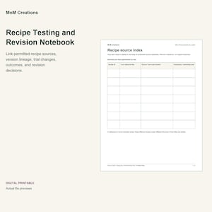 Rezeptprüfungs- und Überarbeitungsnotizbuch, Quellen- und Versionsaufzeichnungen, druckbare PDFs im Letter- und A4-Format