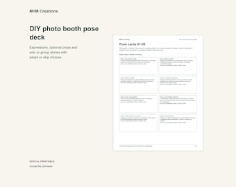 Könnte beinhalten: Ein digitales, ausdruckbares DIY-Fotobox-Posen-Deck von MnM Creations. Das Dokument enthält ein Raster mit acht Posenkarten von 01-08, die jeweils Anweisungen für Ausdrücke, Requisiten sowie Solo- oder Gruppen-Storytelling-Prompts enthalten.