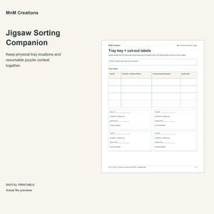 Può includere: Un documento digitale stampabile Jigsaw Sorting Companion di MnM Creations. La pagina presenta una chiave per vassoi ed etichette ritagliabili con una tabella per ID vassoio, contenuto, posizione fisica e ID sezione per organizzare.