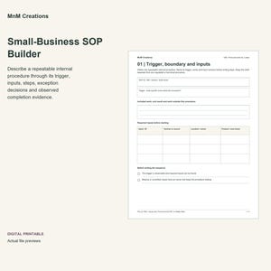 Può includere: Un documento digitale stampabile Small-Business SOP Builder di MnM Creations. La pagina presenta un modulo intitolato 01 | Trigger, boundary and inputs, con campi per ID SOP, trigger, lavoro incluso e una tabella per gli input richiesti prima di iniziare.
