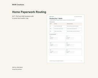 Könnte beinhalten: Ein digitales, druckbares Dokument mit dem Titel Home Paperwork Routing von MnM Creations. Es enthält eine Routing-Tabelle mit den Kategorien ACT, FILE und ASK sowie sechs leere Etiketten für Dokumenten-ID und nächste Schritte.