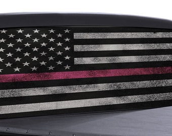 FGD Brand Truck Rear Window Wrap Thin Pink Line Breast Cancer Awareness Distressed American Flag Black & White Perforated Vinyl Decal