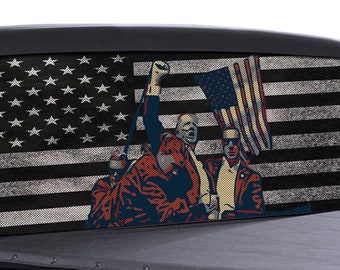 FGD Perforated Rear Window Decal Trump 2024 American Flag FIGHT Black and White Edition Distressed American Flag Vinyl decal.