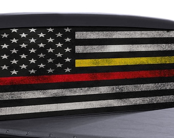 FGD Truck Rear Window Red and Yellow Line Firefighters & Dispatchers American Flag Perforated Vinyl Decal Thin red line Thin Yellow Line