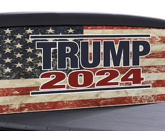 FGD Perforated Rear Window Decal Trump 2024 American Flag Edition full color Distressed American Flag Vinyl decal.