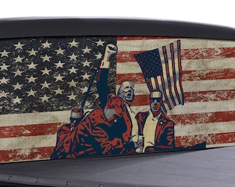 FGD Perforated Rear Window Decal Trump 2024 American Flag FIGHT Edition full color Distressed American Flag Vinyl decal.