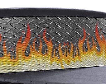 May include: A rear window truck cover with a diamond plate pattern and a flame design. The flames are orange, yellow, and red.