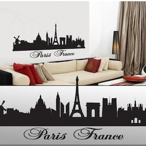 May include: Black and white silhouette of the Paris skyline, including the Eiffel Tower, the Arc de Triomphe, and Notre Dame Cathedral. The text "Paris France" is written below the skyline.