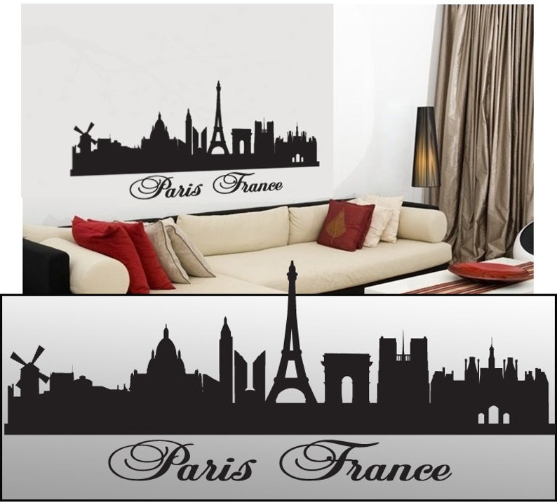 May include: Black and white silhouette of the Paris skyline, including the Eiffel Tower, the Arc de Triomphe, and Notre Dame Cathedral. The text "Paris France" is written below the skyline.