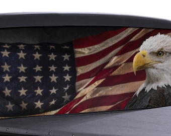 FGD Perforated Rear Window Vinyl Decal Bald Eagle Distressed Full Color American Flag Wrap Model 36004