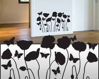 May include: Black silhouette wall decal of a field of poppies with butterflies. The decal is made up of multiple poppy flowers and butterflies in a repeating pattern.