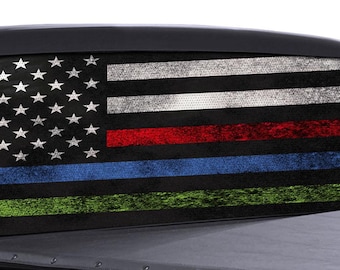 FGD Custom Truck Rear Window Wrap Police, Fire & Military Distressed American Flag Perforated Vinyl Decal