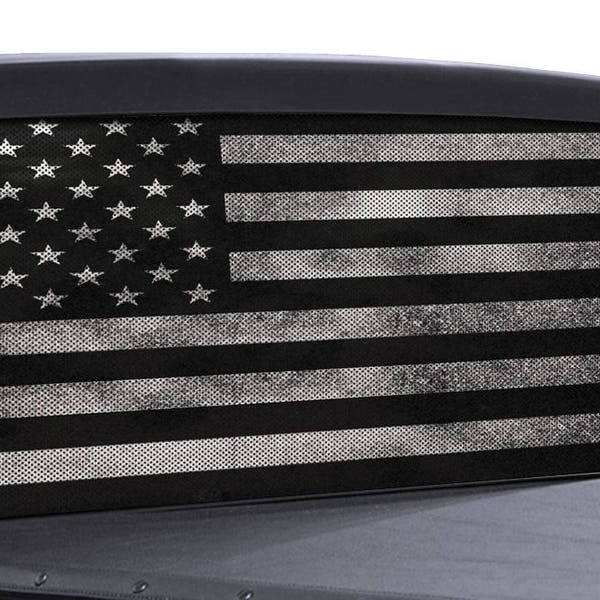 FGD Rear Window Black and White Perforated Distressed American Flag Vinyl Decal Wrap.