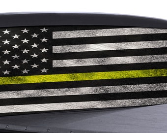 FGD Truck Rear Window Thin Yellow Line Distressed American Flag Perforated Vinyl Decal Security Guards, Dispatchers, Tow Truck Drivers