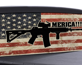 FGD AR 15 Merica Truck Rear Window Full Color Distressed American Flag Perforated Vinyl Decal