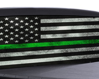 FGD Thin Green Line Black and White Distressed American Flag Perforated Rear Window Decal - Distressed American flag with a green stripe