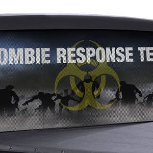 FGD Perforated Truck Rear Window Zombie Response Team Vinyl Decal Features Zombies Shrouded in Fog and a Prominent Yellow Biohazard Symbol