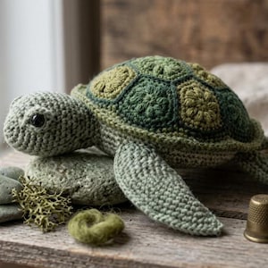 May include: A crocheted sea turtle toy in shades of sage and forest green with a textured shell made of hexagonal motifs. The turtle has a small black eye and is positioned next to smooth gray stones, a small piece of lichen, and a metal thimble.