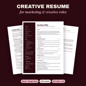 Puede incluir: Una plantilla de currículum de tres páginas titulada Creative Resume for marketing and creative roles. El documento presenta una barra lateral de color granate oscuro con texto blanco, una sección principal blanca y secciones.