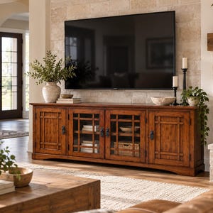 Solid Wood TV Stand for 65 Inch TVs, Four Door Entertainment Center with Storage Shelves