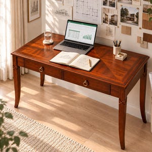 May include: A rectangular wooden desk with a rich brown finish and a chevron-patterned top. The desk features two drawers with circular brass pulls, four tapered legs with cross-detailing, a laptop, an open notebook, a glass of water, and a pen holder.