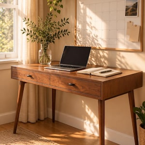 May include: A wooden desk with two drawers and tapered legs, featuring a laptop, an open notebook with a pen, and a glass vase with green branches on top. The desk is positioned in a room with a wall-mounted calendar and a shelf above.