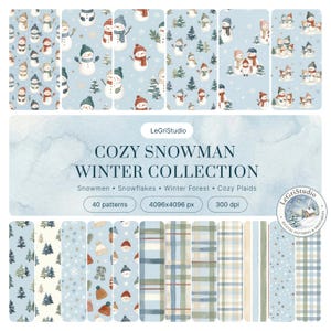May include: A digital collection of 40 winter-themed patterns featuring snowmen, snowflakes, winter forests, and plaid designs in shades of blue, white, and brown. The text reads LeGriStudio COZY SNOWMAN WINTER COLLECTION, 40 patterns, 4096x4096 px, 300 dpi.