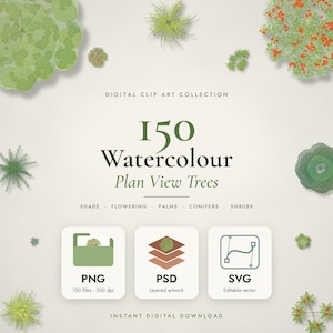 May include: A digital clip art collection featuring 150 watercolor plan view trees, including shade, flowering, palms, conifers, and shrubs. The image displays text labels for PNG, PSD, and SVG file formats, indicating 150 files at 300 dpi.