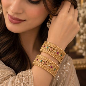 Gold Kundan Bangle Set of 2, Antique Filigree Cuff Bracelet, Indian Pakistani Bridal Jewellery, Ruby Emerald Stone Kada