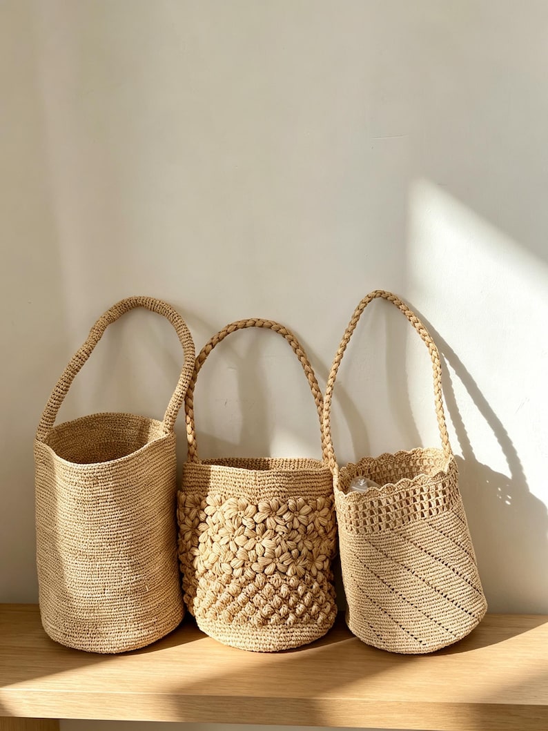 Natural Fiber Raffia Bucket Bag, Women Summer Handbag, Handwoven Straw ...
