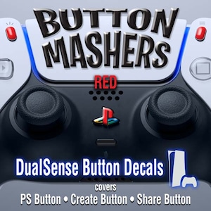 May include: Red DualSense button decals for the PlayStation 5 controller. The decals cover the PS button, Create button, and Share button.  Button Mashers.