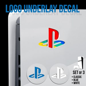 May include: A set of three PlayStation logo decals for the PlayStation 5 console. The decals are in classic blue, white, and red colors. The decals are designed to be placed under the PlayStation logo on the console.