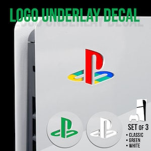 May include: Set of three PlayStation logo decals for the PlayStation 5 console. The decals are in classic green, white, and red colors.  The decals are shown on a white console.