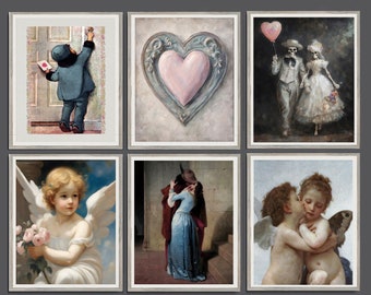 PRINTED-Cupids & Kisses Vintage Prints, Romantic Love, Couples Embrace, Hearts, Kisses, Valentines Day, Moody Victorian, Feb 14, Gothic Love