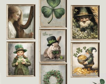 PRINTED-St. Paddy's Day-Wee Bit Irish Prints-Vintage, Mailed,Lucky, Irish,Green,Ireland,Shamrocks, Leprechauns,Pot Of Gold,Harp,Celtic