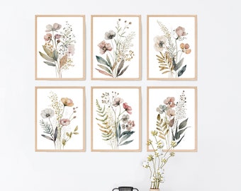 PRINTED-Set of 6-Wildflowers, Neutral decor, Muted aesthetic, Minimalist, Boho, Cottagecore, Farmhouse, Bouquet, Flower Sets