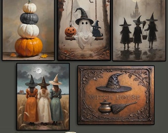 Witch House Halloween- 10 Options Mailed Prints-Vintage Halloween- Old school Art, Dark Moody, Witches, Cats, Ghosts, Pumpkins, Party Decor
