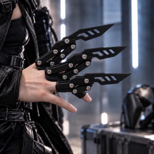 May include: A matte black articulated finger claw accessory featuring three sharp, blade-like extensions. Each segment is connected by silver-toned metal rivets, creating a mechanical, hinged structure that fits over the fingers.